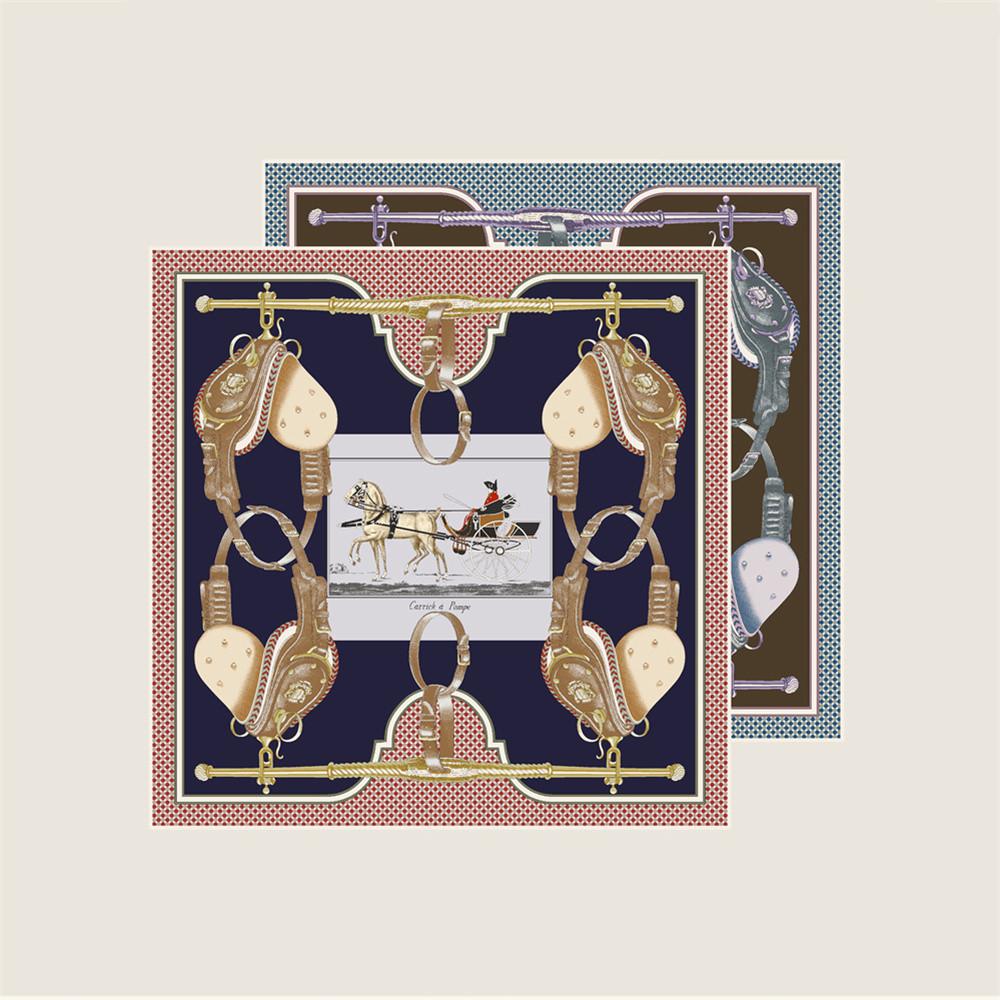 POBING Hand Rolled Twill Silk Scarf Women Horse Saddle Double Side Print Square Scarves Wraps Echarpes Foulards Femme Hijab 53CM