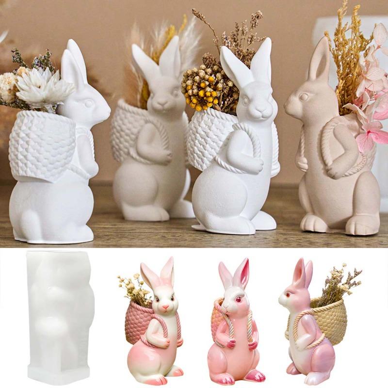 3D Easter Bunny Silicone Mold DIY Cute Animal Basket Rabbit Vase Ornaments Casting Molds Home Plaster Concrete Craft Gift Decor