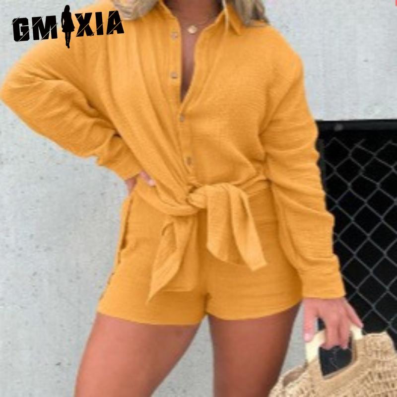 GMXIA Women's Wrinkled Fabric Long Sleeve Shirt High Waist Shorts Fashion Casual Two Piece Set