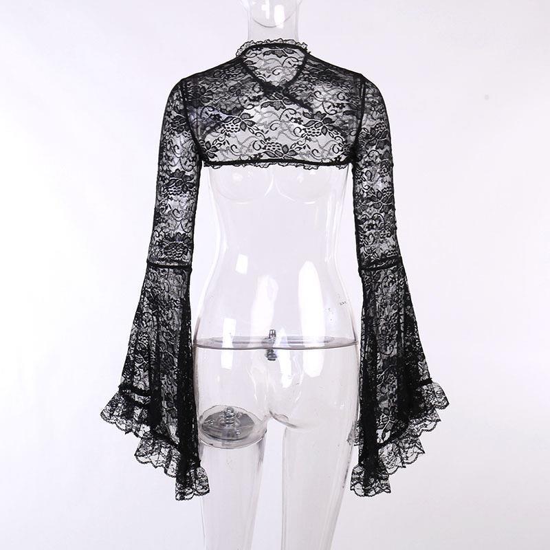 JY22221 Bell Sleeve Lace Hollow-Out Silk Cardigan for Women - European & American Autumn/Winter Fashion