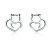 925 Silver CATS Earrings with Hearts, Studs for Cat Lovers