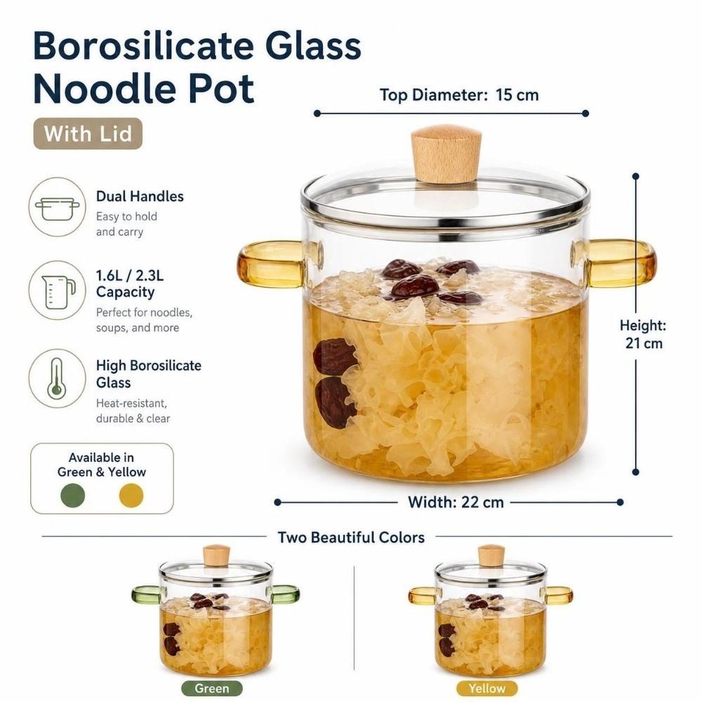 Heat Resistant Clear Glass Cooking Pot 1.6/2.3L Glass Soup Pot Kitchen Tools