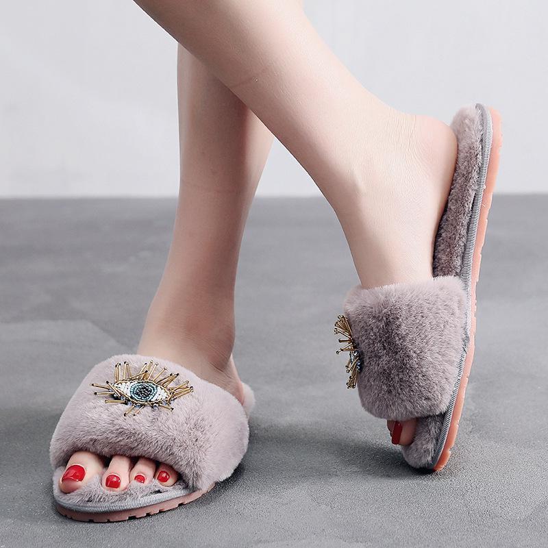 Fashion String Bead Cute Eye Cotton Slides Fashion Rabbit Plush Slippers Women Black Flip Flops Indoor Soft Sole Outside Pantuflas Danno