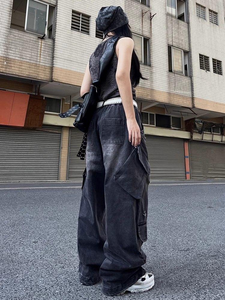Women's Plus Size American Streetwear Multi-Pocket Wide Leg Cargo Jeans