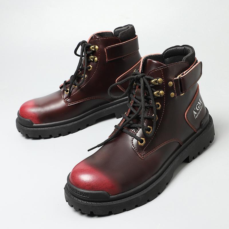 Trend Boots Men's Lace-up Thick-soled Wear-resistant Work Boots Fashion Casual Leather Boots High-top Outdoor Motorcycle Boots