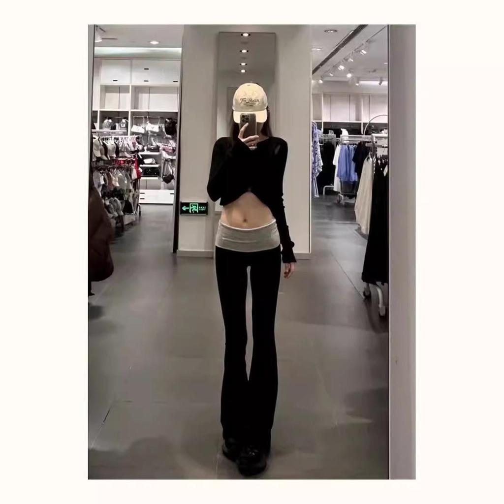 Calças de Moletom Flare de Yoga Modal Cintura Baixa Bloco de Cores