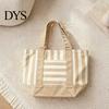 Reinforced Shoulder Strap Bag Striped Canvas Tote Bag, Stylish Reusable Grocery with Lightweight Front Pocket, for Shopping Picnic Commuting