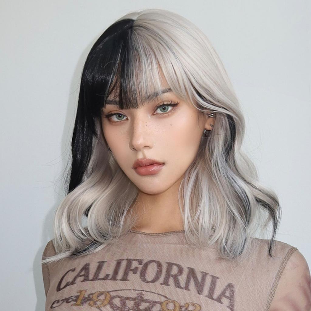 Ombre Short Wavy Cosplay Lolita Wigs with Bangs Light Platinum Silver Black Bob Synthetic Hair Daily Wigs for Women Heat Resistant Wig