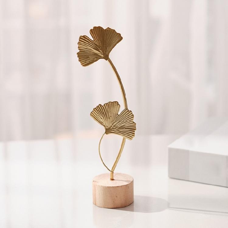 Golden Leaf Sculpture with Wood Base Ornament Ginkgo Palms Leaves Statue Figurine Table Adornment Office Desktop Decor