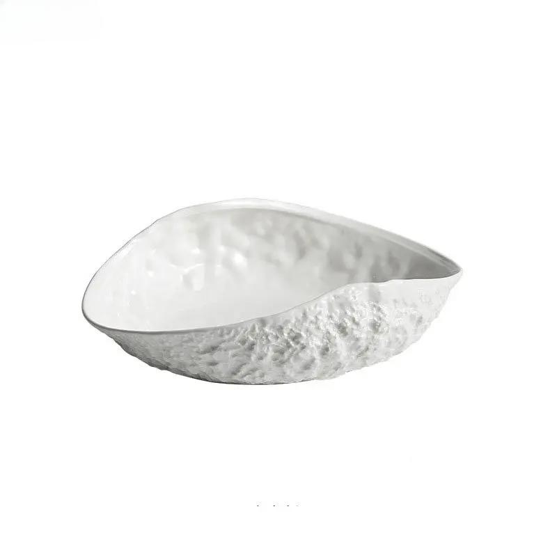 Rock Pattern Pure White Oval Soup Plate Minimalist Kitchen Table Dinner Plate Shell-shaped Edge Ceramic Main Dish Tableware