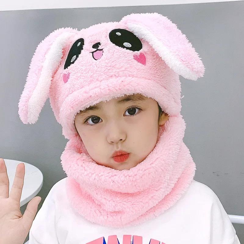 1-12Y Winter Cartoon Rabbit Coral Velvet Cap Plush Balaclava Kids Caps Double Fleece Baby Scarf Hat  Baby Accessories