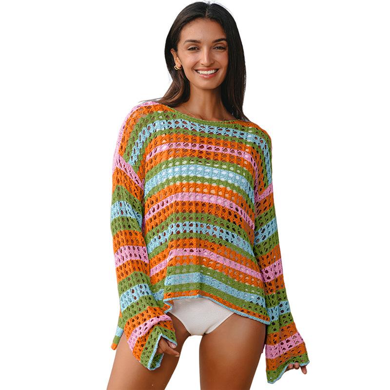 

Women s Crochet Hollow Out Rainbow Stripe Long Sleeve Beach Cover-Up Top XL помаранчевий