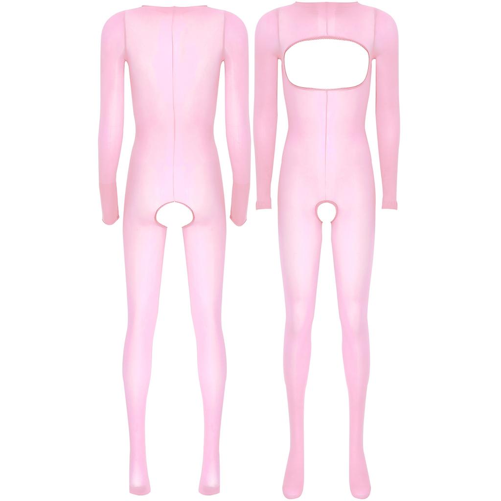 Womens Glossy See Through Long Sleeve Open Breast Crotchless Bodystocking