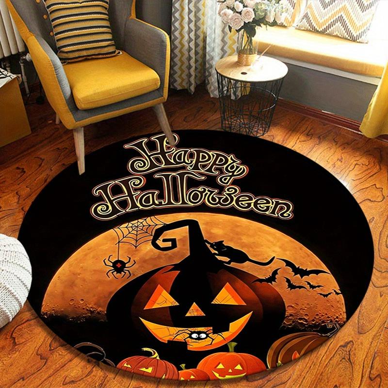 1pc Soft, Absorbent & Non-Slip Scary Pumpkin Round Rug, Perfect for Entryway, Living Room, Bedroom Decor, Machine Washable Flannel Memory Fo
