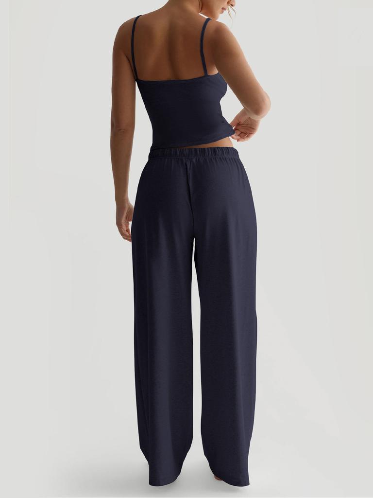 Summer Camisole Crop Top Long Pants Casual Wide Leg Pants Lazy Style Set For Women