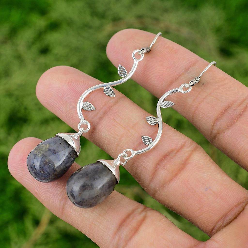 Blue Aventurine Gemstone Sterling Silver Wedding Wife Drop Bezel Hook Earrings