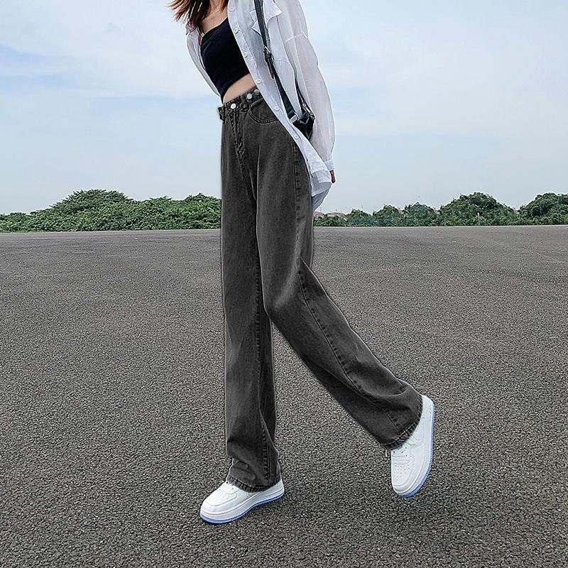 Women's High-Waist Adjustable Jeans - Korean Style Loose Straight-Leg Pants, Slimming Fit, Floor-Length, Small Sizes Available for Spring & Autumn.