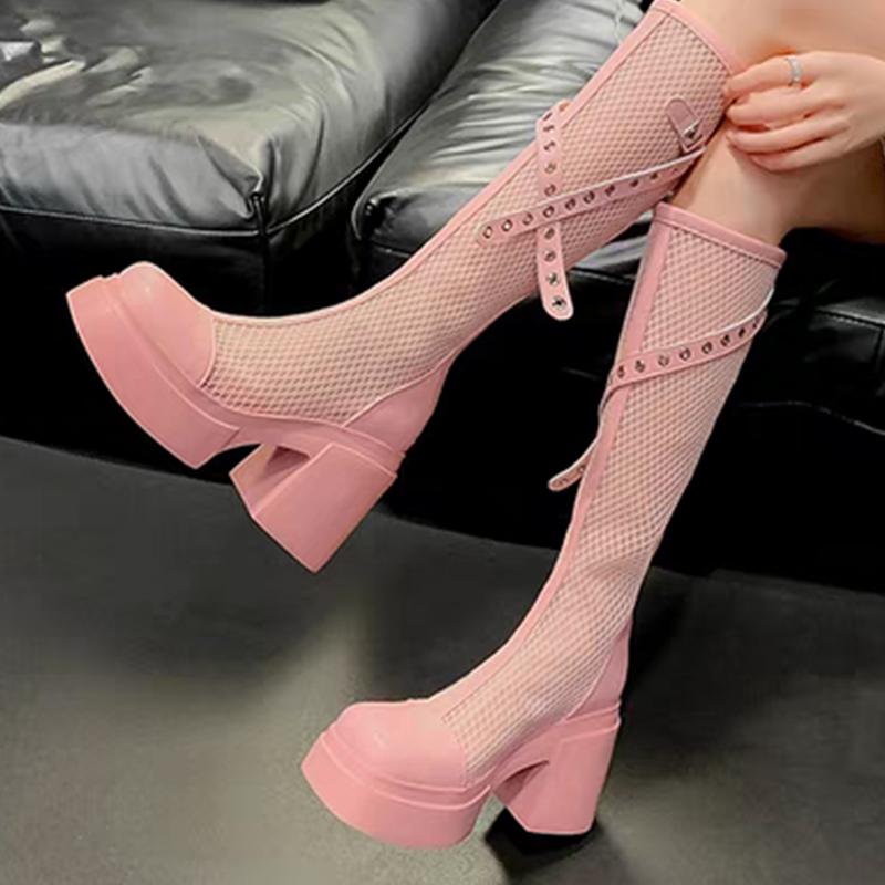 

Fashion 2025 Summer Fashion Breathable Mesh Boots for Women Party Platform Zipper Mid-Calf Boots Woman Solid Buckle Strap Shoes Ladies 39