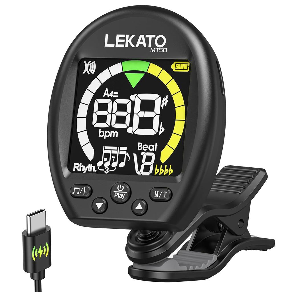 LEKATO Clip-on Tuner, Guitar Tuning, Metronome, Tone Generator, 3-in-1, Rechargeable, LCD Screen for Bass, Ukulele, and Violin