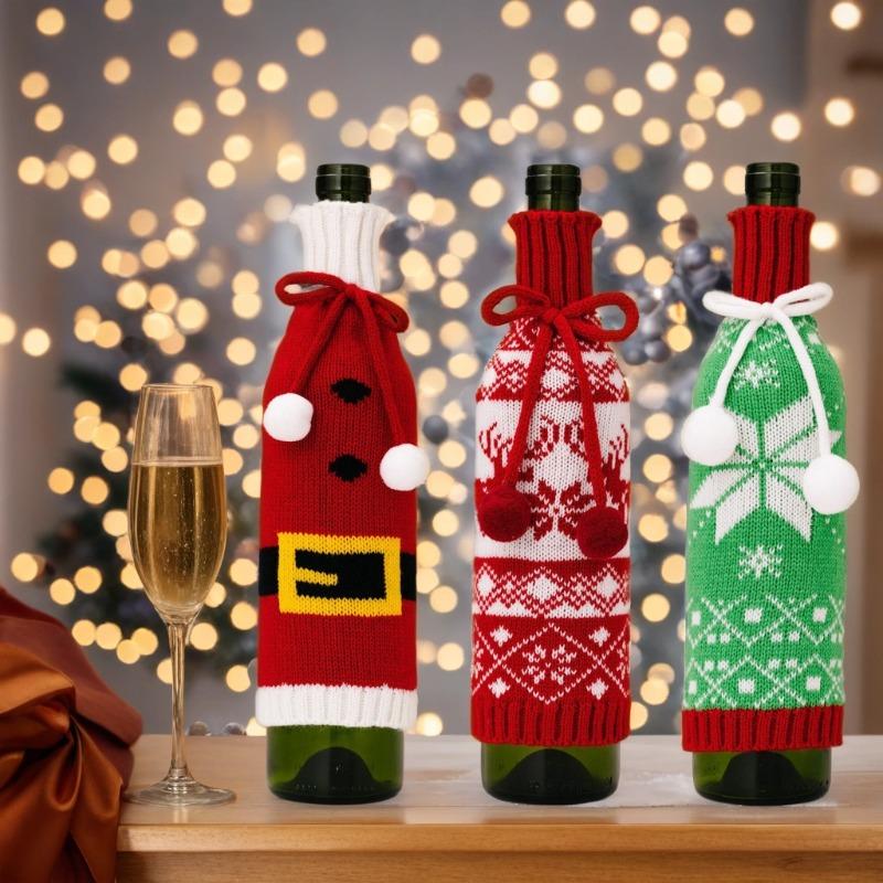 5/1 Stück Rote Weihnachts-Weinflaschenabdeckungen Neujahrsparty Esstischdeko Gestrickte Grüne Schneeflocke Elch Gürtel Weinflaschenabdeckung Tasche