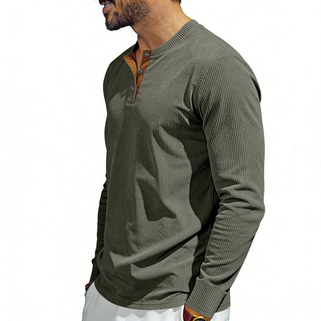 Men's Round Neck Single-Breasted Long-Sleeve Loose Casual Top