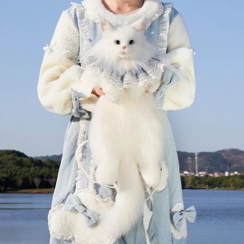 Fashion White Cat Bag Plush Girl Backpack Super Cute Trendy Pure Handmade Simulation Cat Shopping Bag Birthday Gifts For Kids