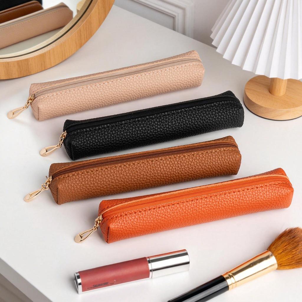 Slim Pencil Case Waterproof Lychee Grain Pu Leather Cosmetic Pouch Portable Makeup Bag For Lipstick Makeup Brushes Pen Bag