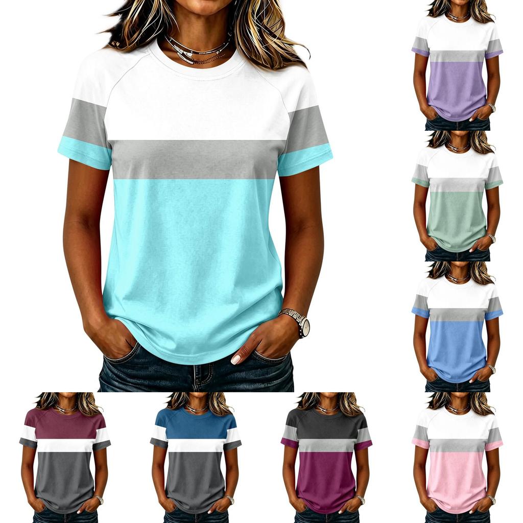 Women's Fashion Raglan Sleeve Crew Neck Casual Colorblock Print Short Sleeve Top Lightweight Soft Fabric Comfortable Fit