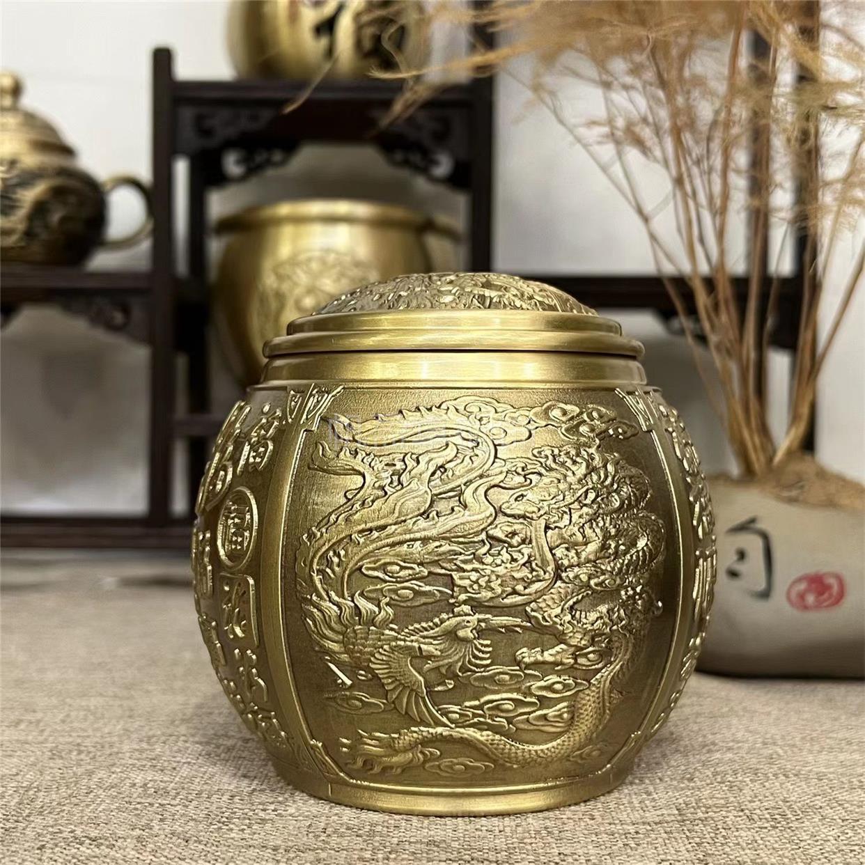 Brass Dragon and Phoenix Hundred Blessings Tea Canister with Lid Brass Golden Dragon Tea Jar Metal High-end Moisture-proof Insec