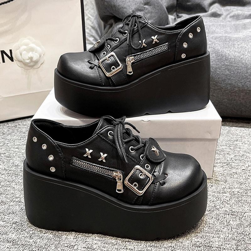 

Женская панк-обувь Оксфорды на платформе 9 см Обувь на платформе Модные массивные Мэри Джейн на молнии Удобные повседневные уличные Лоферы на шнуровке 42 42 чёрный