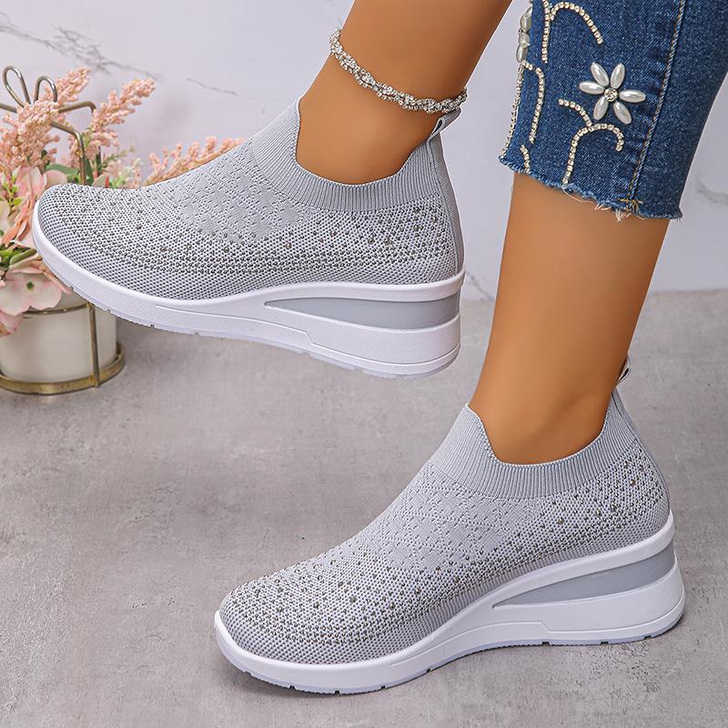 

Модные клиновые кроссовки с декором из стразов для женщин, дышащие вязаные нескользящие кроссовки для бега, женские удобные белые спортивные туфли без шнурков 38 светло-серый