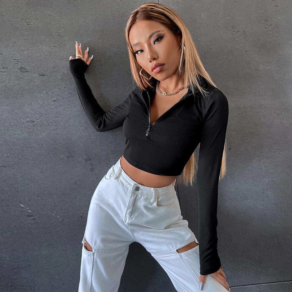 European and American Women's Clothing Spring and Summer Slim-fit Short Knitted Long-sleeved T-shirt Stand-up Collar Y2K Spice Girl Top