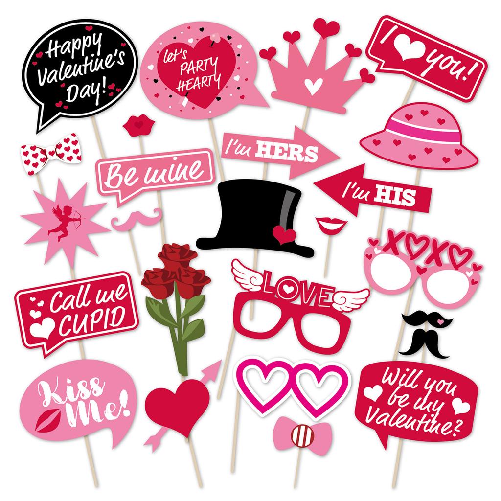 Valentine Day Photo Props Kit Photo Booth Party Supplies 25 Set Paper Cards Dot Glue Sticks