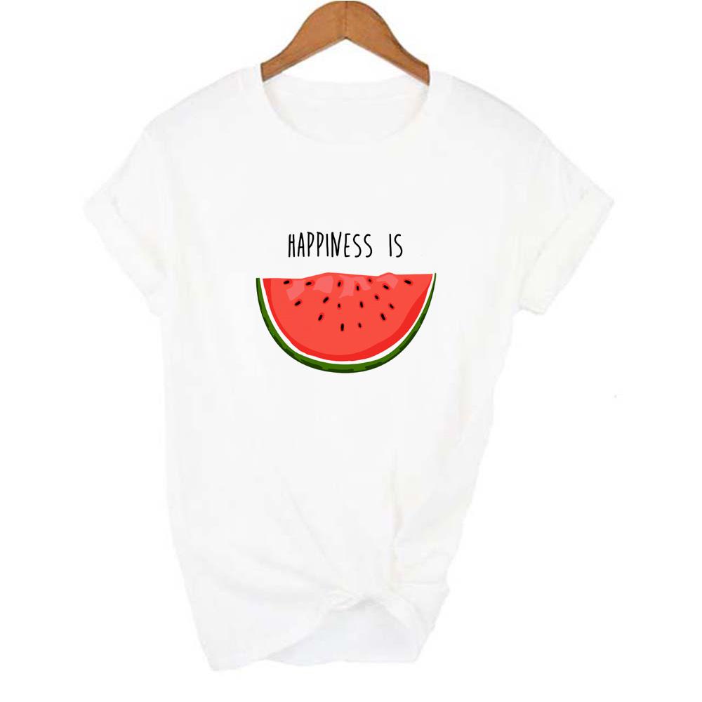 Glück Ist Wassermelonen-Print Sommer Damen S T-Shirt Lässig Damen Kurzarm Rundhals T
