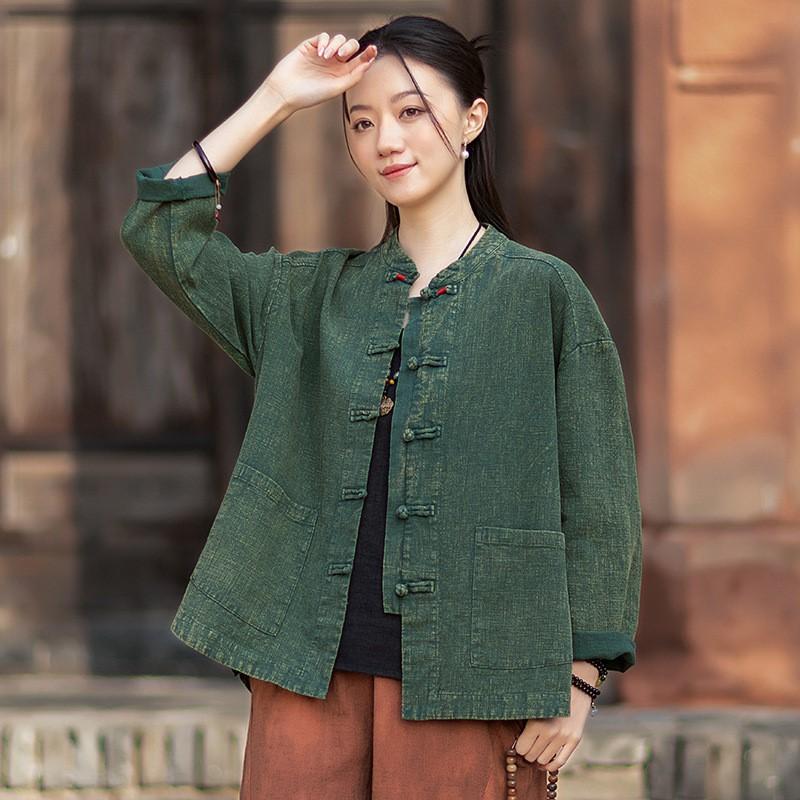 Johnature Women Vintage Shirts Tops Spring Chinese Style Solid Color Stand Long Sleeve Pockets Blouses