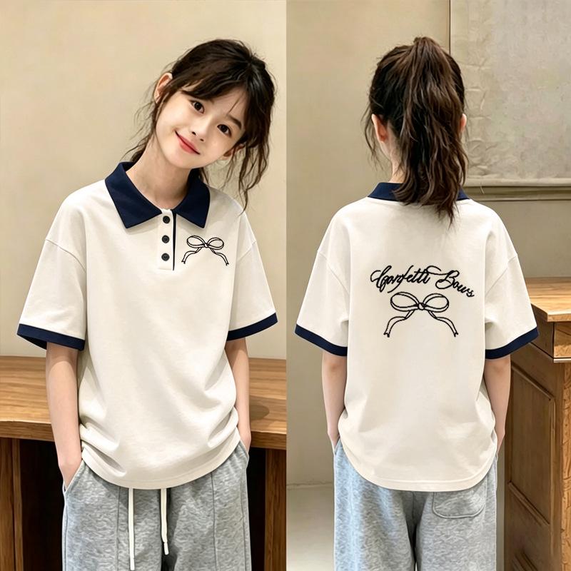 Girls' Cartoon Cotton Polo Shirt - Summer Lapel Short Sleeve for Ages 6-15