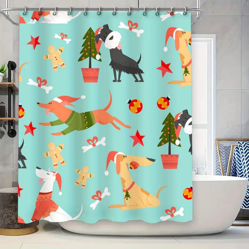 Vibrant Pet Holiday Shower Curtain Dog Christmas Decorations Fabric Print Bathtub Covering Waterproof Plush Bath Mat Festive Dog