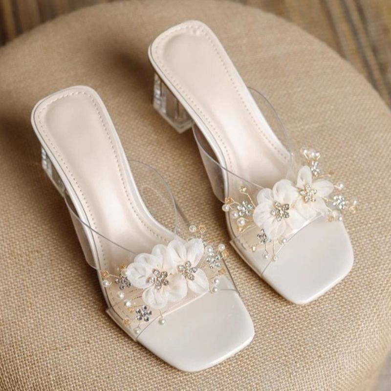 Fashion Luxury Women's High Heels Slippers Pvc Flower Bead Heeled Shoes Summer Fashion New Chunky Sandals Pumps 2025 Elegant Lady Shoes