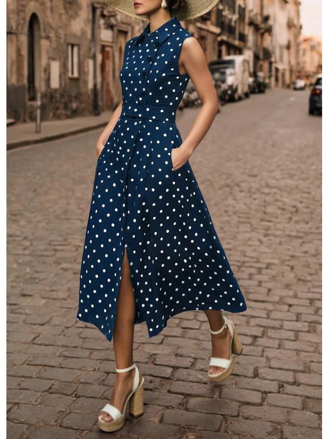 European Sleeveless Polka Dot Retro Dress with Lapel and Faux Button Lace-up Design