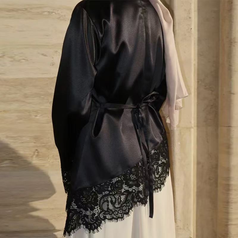 Women Round Neck Satin Blouse Long Sleeve Lace Trim Cuffs & Hem Side Twist Waist Elegant Commuter Office Dressy Top