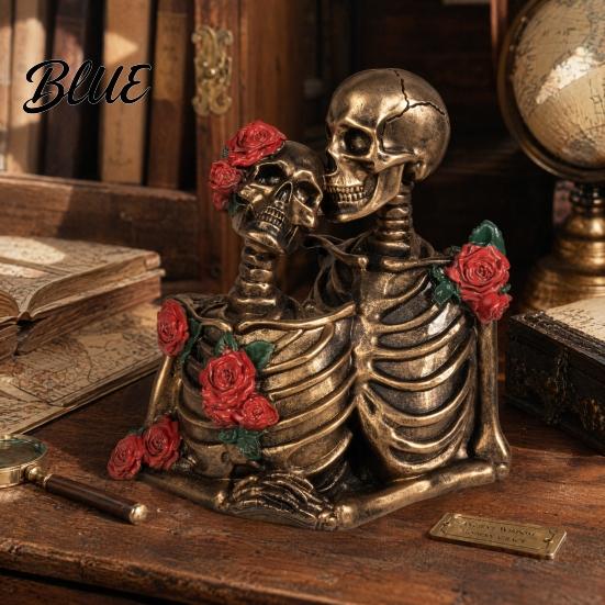 Gothic Skeleton Figurine Halloween Couple Figurine Vintage Kissing Resin Statue Ornament Rose Sculpture for Holiday Party Decoration