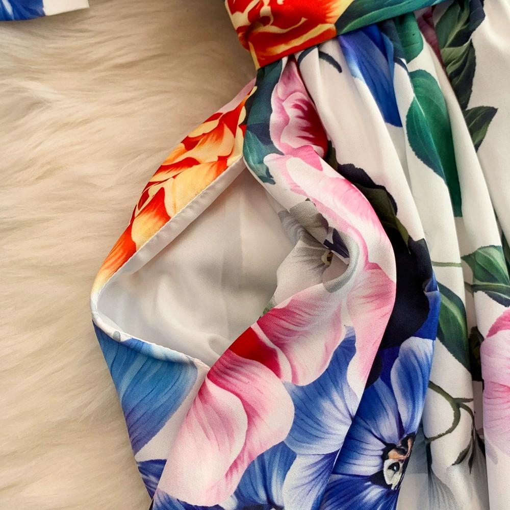 Summer Women Designer Print Runway Dress Elegant Turn-down Collar Office Work Midi Lace-up Shirt Dresses