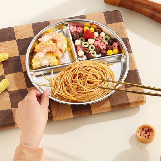 Stainless Steel Dinner Plates Silicone Suction Divided Serving Tray Stackable Breakfast Plates Kids Snack Tray Lunch Container for School