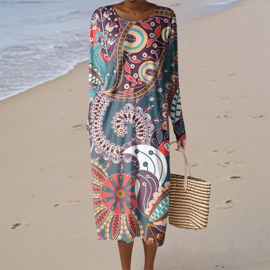 Women's Fashion Casual Retro Print Round Neck Pocket Elegant Temperament Dress