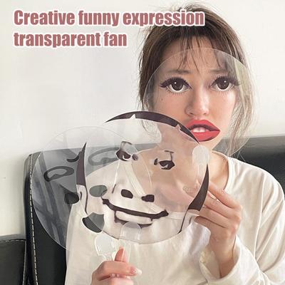 Transparent Funny Expression Round Fan with Long Handle Waterproof PVC Portable Lightweight Outdoor Travel Summer Handheld Fan Photo Props