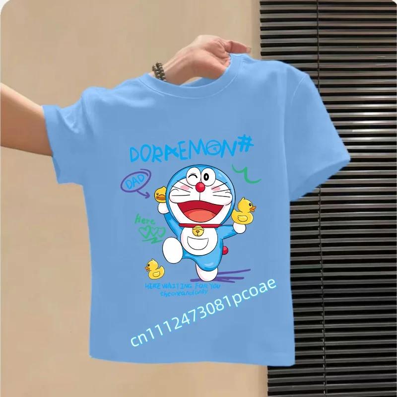 Doraemon Children's Pure Polyester Short-Sleeved Boys' Sports Shirt, Girls' Casual Top, Big Bear Cartoon Print Summer T-Shirt