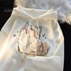 Fall Winter Women Hoodie Drawstring Elastic Cuff Thick Cat Embroidery Fleece Oversize Patch Pocket Loose Long Sleeves Pullover Warm Couple Top