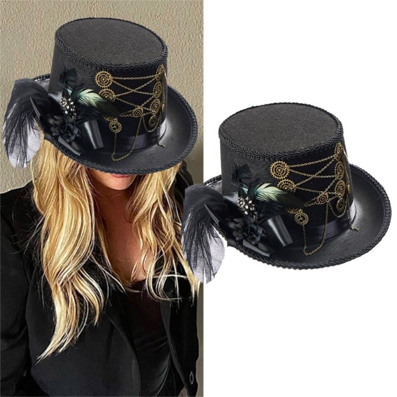 Gear Chain Fedoras Hat Halloween Girl Head Wear Medieval Steampunk Flat Top Hat