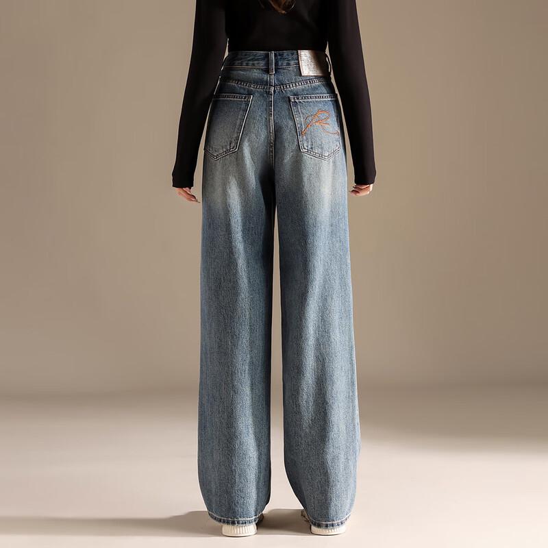 RAIN.CUN Women's High-Waist Embroidered Loose Wide-Leg Jeans