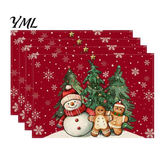 Holiday Party Supplies 4Pcs Christmas Linen Placemat Set, Cartoon Snowman Gingerbread Gnome Table Pattern Placemats Mat, Heat Resistant Place Mat for